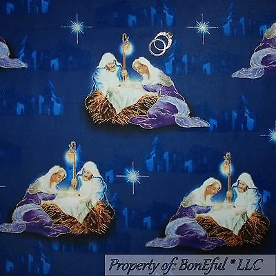 Buy BonEful Fabric FQ Cotton Quilt Blue Manger Scene Xmas Bethlehem Star Baby Jesus • 4.89£