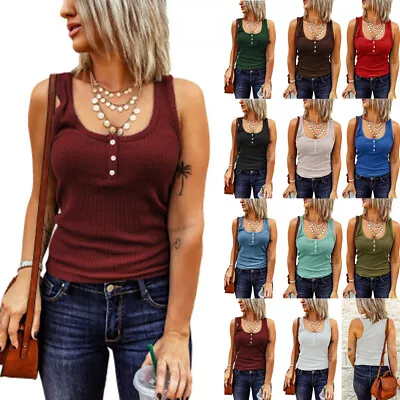 Buy Ladies Tops Summer Sleeveless Blouse Stretch RIBBED Vest Tank Cami Tee Shirts UK • 10.67£