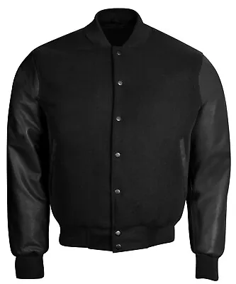 Buy Men's Varsity Bomber Letterman Baseball BLACK Wool & Pure Leather Sleeves Jacket • 92.82£