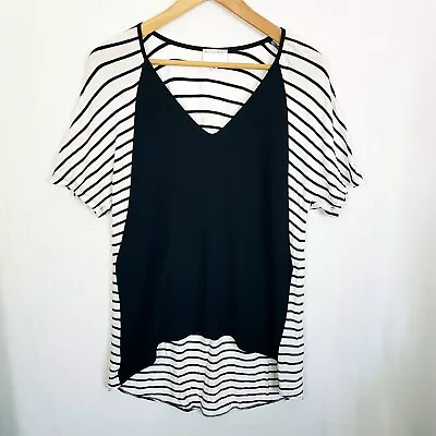 Buy WITCHERY Size S Black & White Striped Stretch High Low V-Neck Top • 16.20£