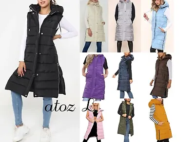 Buy Womens Hooded Quilted Zip Up Gilet Waistcoat Padded Winter Vest Long Bodywarmer • 28.99£
