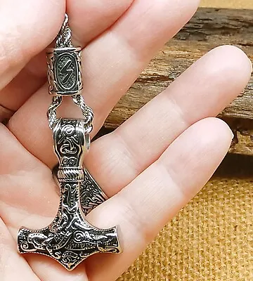 Buy Viking/Mjolnir/Thor Hammer Solid Stainless Steel Pendant Necklace With Rune Bead • 13.95£