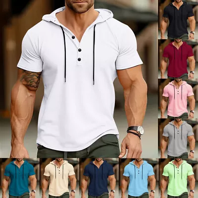 Buy Mens Hooded T Shirt Short Sleeve Hoodie Regular Fit GYM Tee Casual Sports Tops • 12.79£