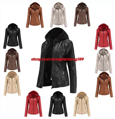 Buy 2024 Women Leather Jacket Hooded Soft Leather Coat Detachable Hat Biker Jacket • 44.15£