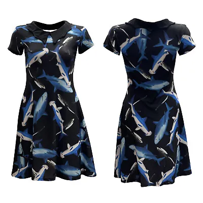 Buy Gorgeous Shark Sea Life Fish Print Rockabilly Collar Dress Alternative • 26.39£