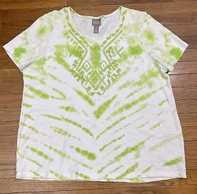 Buy Chicos Chevy White Green Tie Dye SS Cotton T Shirt Sz 3 XL Beaded Embroidered • 19.30£