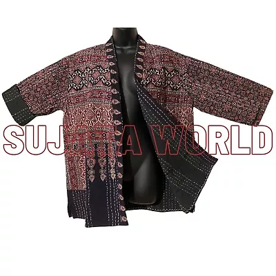 Buy Ajrakh Hand Block Print Kantha Hand Stitch Pure Cotton Jacket Coat Unisex Boho • 39.95£