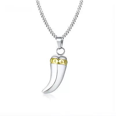 Buy Men's Unique Stainless Steel & Gold Wolf Tooth Pendant Necklace Jewellery Gift • 14.90£
