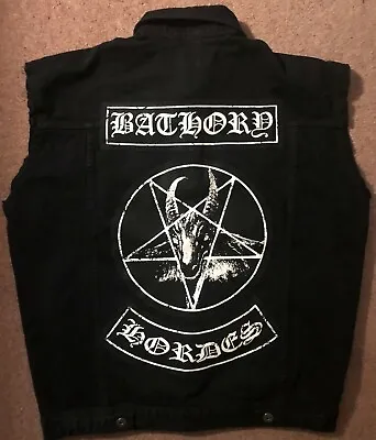Buy Black Metal Militia Battle Jacket Cut-Off Denim Vest Bathory Or Watain Rocker L • 122.66£
