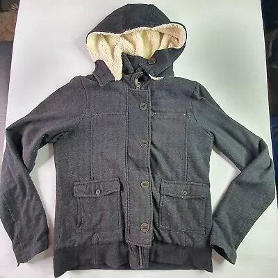 Buy Hurley Women's Size L Sherpa Lined Hooded Jacket Dark Grey Zip Buttons Pockets • 20.24£