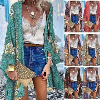 Buy Summer Womens Floral Kimono Sleeve Coat Jacket Long Casual Loose Tops Cardigan • 9.49£