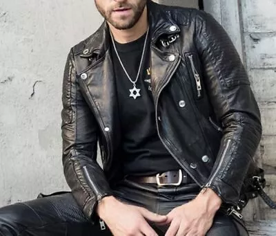 Buy Men's Stylish Black Biker Real Leather Jacket Motorcycle Lambskin Leather Jacket • 84£