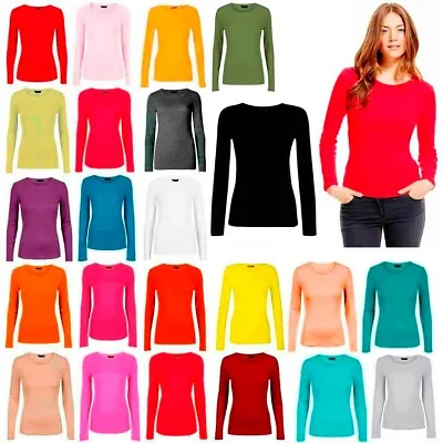 Buy Women Ladies Plain Basic Long Sleeve Round Neck Stretch UK Plus Size T Shirt Top • 4.29£