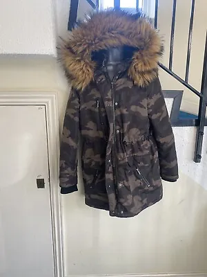 Buy V By Very Women Camouflage Fur Trim Winter Long Coat Jacket Parka Size 14 Hooded • 23.99£