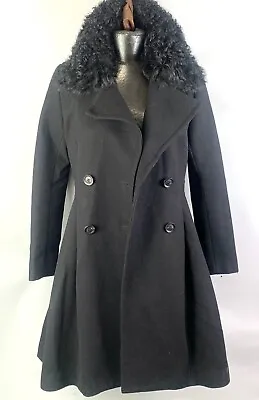 Buy Badgley Mischka Black Wool Coat  Size Large   Genuine Fur Collar Pleated • 115.82£