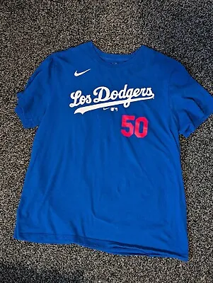Buy Nike Mookie Betts #50 Los Angeles Dodgers T-shirt Blue Size Large Nike Tee Worn  • 10£
