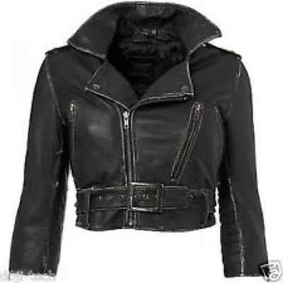 Buy Topshop Kate Moss Black Distressed Leather Biker Jacket Stud Zips Pockets Vtg 12 • 125£