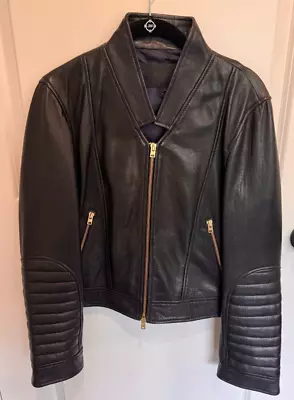 Buy Women's J.Crew Collection Black Leather Moto Jacket Cropped Size 12 • 86.94£