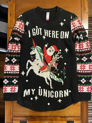 Buy Ugly Christmas Sweater Women’s Santa Clause “I Got Here On My Unicorn” Large • 19£