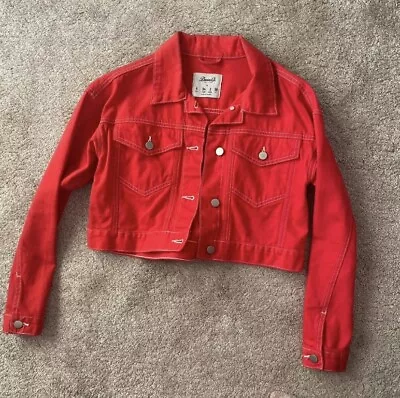Buy Red Denim Crop Cropped Jacket Long Sleeved White Stitching Blue Black Coat • 11.20£