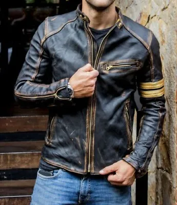 Buy Mens Vintage Motorcycle Distressed Cafe Racer  Biker Black Real Leather Jacket • 79.99£
