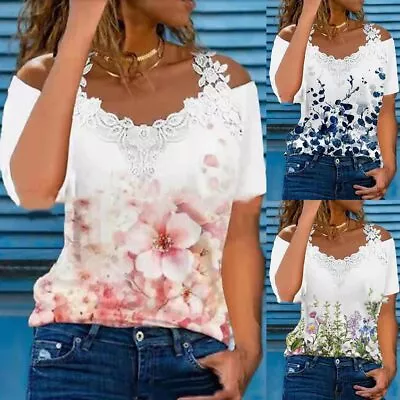 Buy Womens Floral Lace Cold Shoulder T-Shirt Tops Summer Casual Loose Blouse Tee • 6.09£