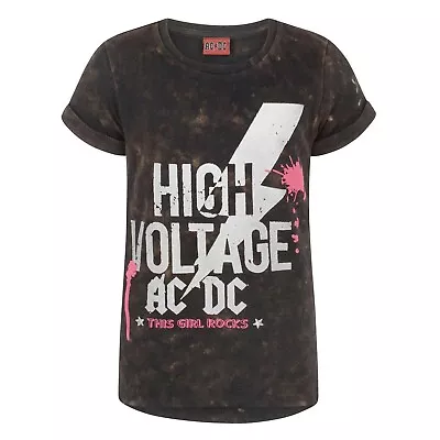 Buy AC/DC Girls High Voltage Acid Wash T-Shirt NS7326 • 13.99£