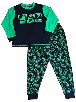 Buy Cool EAT SLEEP MINE Long Pyjamas 7 To 14 Years COMPUTER GAME STYLE Green AOP • 13.99£