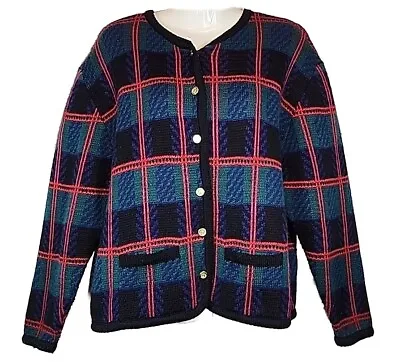 Buy Womens Tally Ho Cardigan Button Up Sweater Sz XL Red Green Blue Black Plaid Vtg • 15.07£