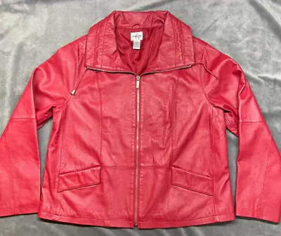 Buy Chico's Women's 2 Leather Jacket Red Cinch Collar Zip Genuine Casual Fashion • 30.29£