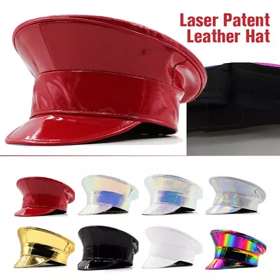 Buy Unisex Women Men Shiny Laser Patent Leather Hat Police Cos Captain Cap Clubwear • 22.66£