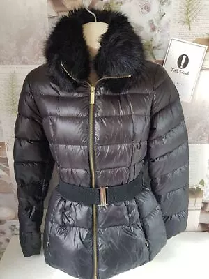 Buy Ted Baker Junnie Black Quilted Faux Fur Detachable Collar Jacket Size 1 UK 8 • 39.99£