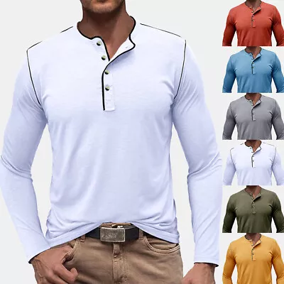 Buy Mens Henley Casual Grandad Shirt Long Sleeve Crew Neck Tops T-shirt Blouse 36-44 • 10.59£