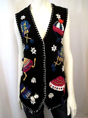 Buy Christmas Party Button Up Vest Ugly Sweater Women Sz L Beanie Mittens Vic-thor1 • 23.67£