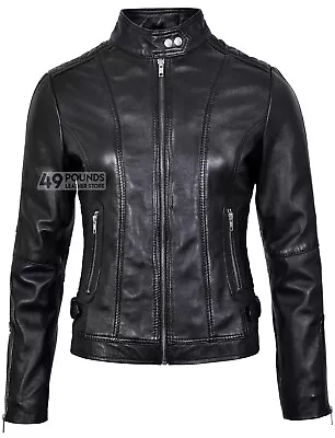 Buy IZABEL Ladies Real Leather Jacket Wax Stylish Quilted Shoulder Waist Biker Style • 41.65£