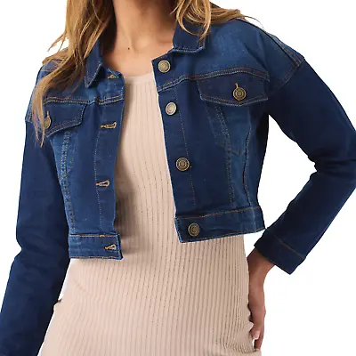 Buy New Denim Jacket Womens Mid Blue Wash Jean Jackets Ladies Cropped Coat UK Size • 32.99£