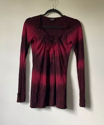 Buy Daytrip Buckle Red Tie Dye Ombre Edgy Embroidered Floral V-Neck Shirt Size Small • 11.34£