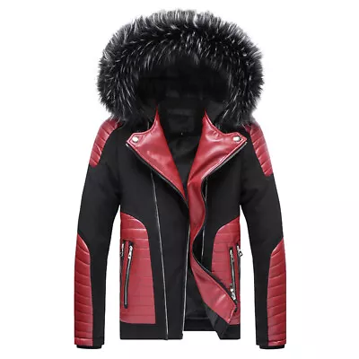 Buy Men Winter Detachable Faux Fur Collar Thick Coat Faux Leather Warm Hooded Jacket • 70.20£