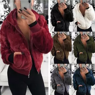 Buy Womens Winter Hoodies Fleece Coat Teddy Bear Faux Fur Hooded Jacket Outwear Top • 23.99£