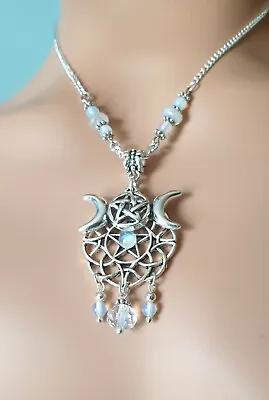 Buy Triple Moon Goddess Silver Necklace Rainbow Moonstone  ~ Pagan Wicca Jewellery  • 9.95£