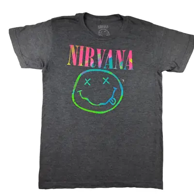 Buy Official Nirvana Rainbow Smiley Face T Shirt Size M Heather Grey Band Tee • 14.99£