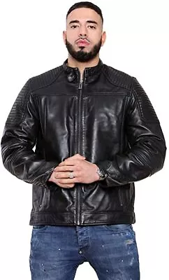 Buy Mens Real Leather Jacket Chest Seam Quilted Shoulder Elbows Gent Leather Biker • 94.99£