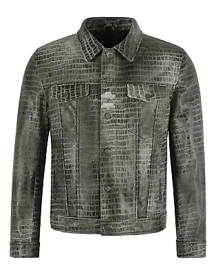 Buy Leather TRUCKER JACKET Grey Vintage Exotic Croc Print Leather 70's Shirt Jacket • 149.68£