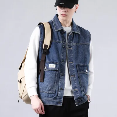 Buy Men's Denim Jacket Loose Jacket Vest Shoulder Versatile Tooling Vest Vest Slim • 38.34£