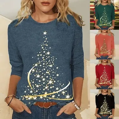 Buy Ladies Tee Long Sleeve Christmas T Shirt Women Loose Crew Neck Holiday Xmas Tops • 11.99£