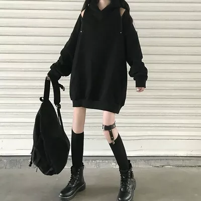 Buy Women Girl Hoodie Cold Shoulder Pullover Sweatshirt Top Harajuku Punk Gothic New • 10.82£