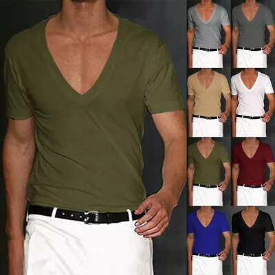 Buy Men V Neck Top Muscle Tee Short Sleeve T Shirt Summer Casual Slim Fit Blouse Tee • 9.79£