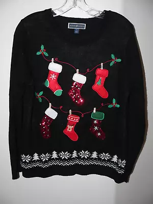 Buy Women's Karen Scott Black Sz Large L/S Pullover Ugly Christmas Sweater Stockings • 16.08£