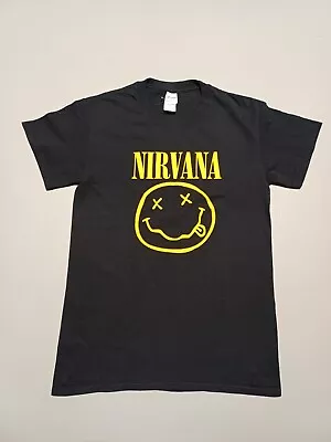 Buy NIRVANA Crew Neck T Shirt M Black Cotton Smiley Face Short Sleeve Grunge Band • 9.99£