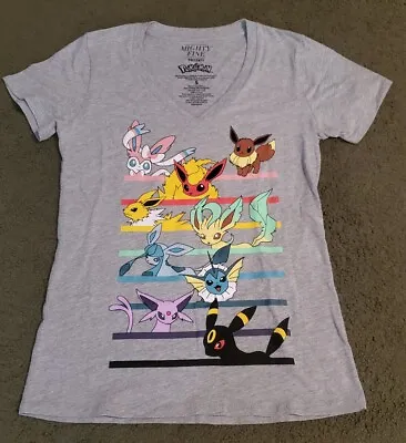 Buy Mighty Fine Pokémon Eevee Evolutions Women's Gray V-Neck Graphic T-Shirt Size S • 19.30£